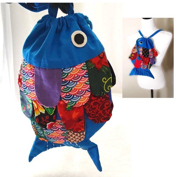 New Patchwork Kids Fish Blue Crossbody Bag Mini Tote Drawstring Red Purple Lined - Picture 2 of 11